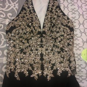 Long black & gold open back , open leg dress